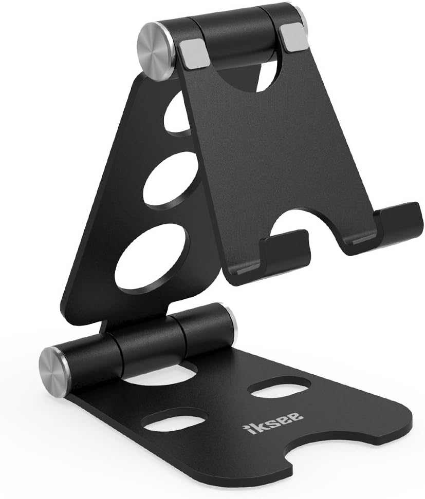 Adjustable Cell Phone Stand, iKsee Smartphone Tablet Stand, Dual Foldable Phone Holder, Cradle for iPhone 12 11 Pro XS Max 8 X 7 6 6s Plus 5 5s 5c Tablet E-Reader(4-13"), Desk Accessories-Black