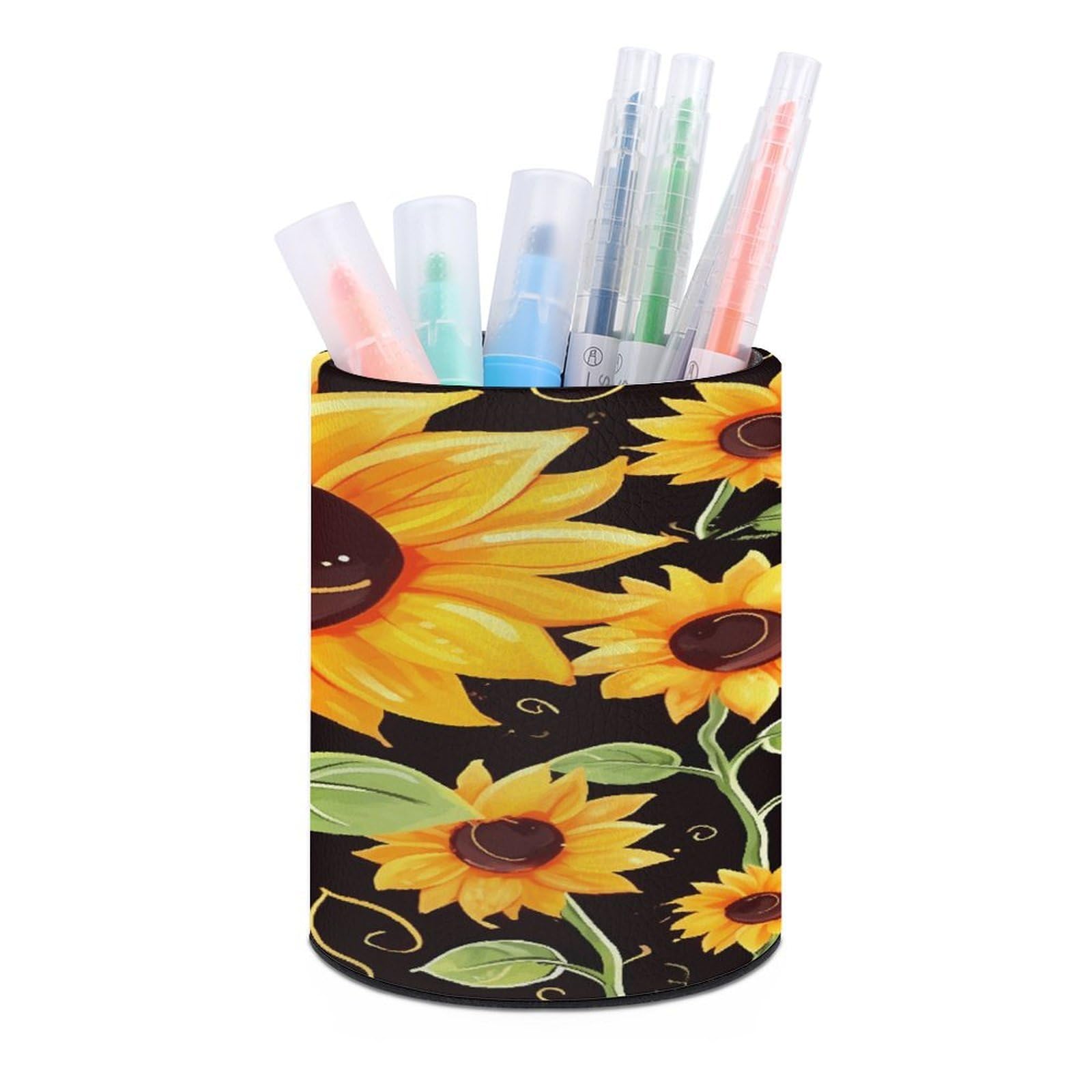 MUSM Cute Sunflower Pen Holder Large Capacity Pen Holder Modern PU Pencil Holders Durable Waterproof Pens Cup for Home Office Desktop Organizer