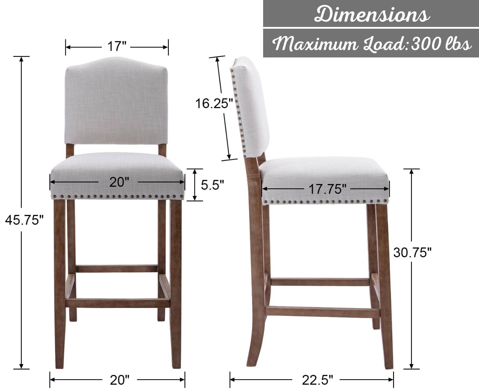 Shunzhi Counter Height Bar Stools Set of 2 Mid Century Farmhouse Bar ...