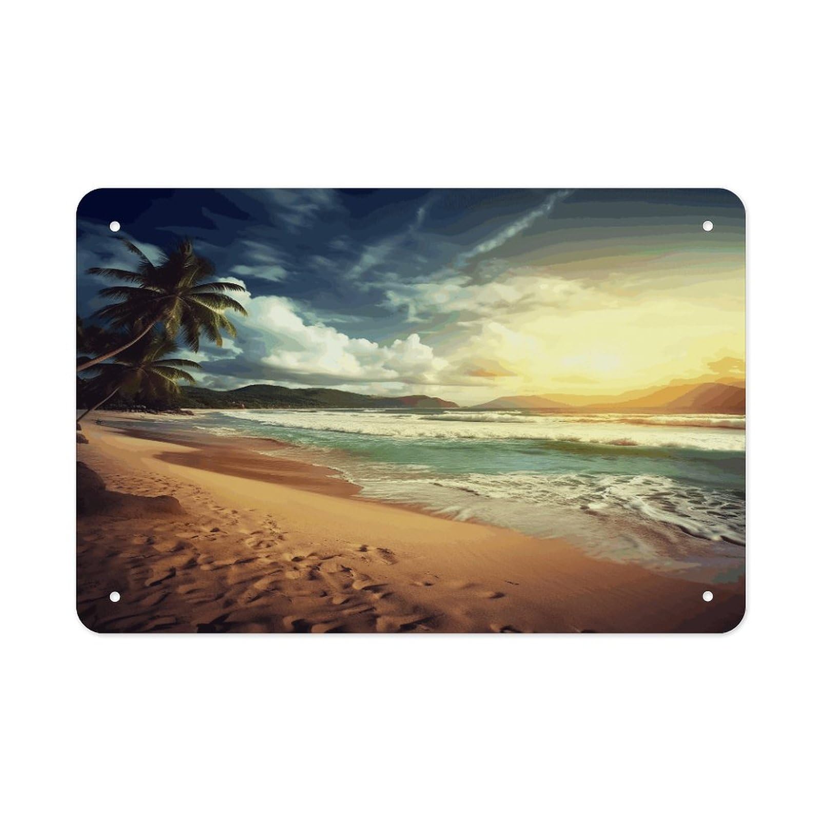 Sunset on The Beach Metal Tin Sign 12"x8" Wall Art Prints Poster Decorative Picture Metal Signboard Decor Painting Folded Edge Iron Sheet Painting with Holes for Wall Decor