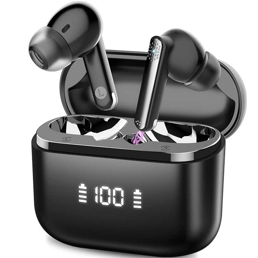 Immagine del prodotto Aptkdoe Cuffie Bluetooth, Auricolari Bluetooth 5.3 con Bassi Coinvolgenti, 48 Ore di Riproduzione Cuffie Wireless Riduzione del Rumore con Display LED, IPX7 Impermeabili Cuffiette Bluetooth, Nero