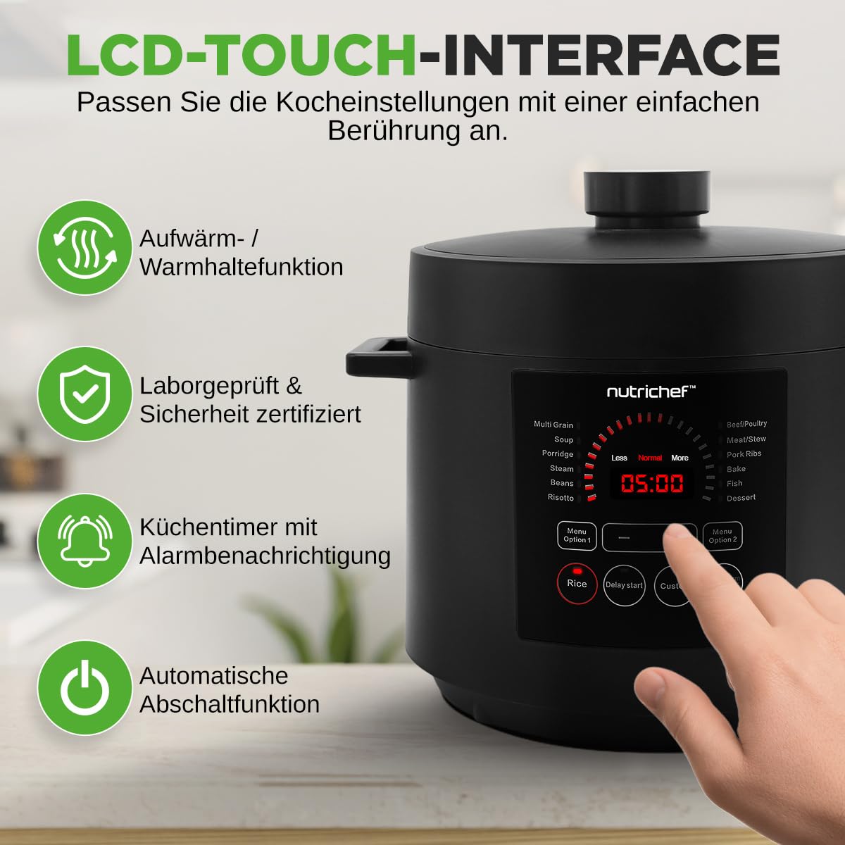 NutriChef Multikocher 5,7 L Elektrischer Schnellkochtopf, 9 Programme, Digitaler Druckkocher, Reiskocher & Dampfgarer, Schwarz