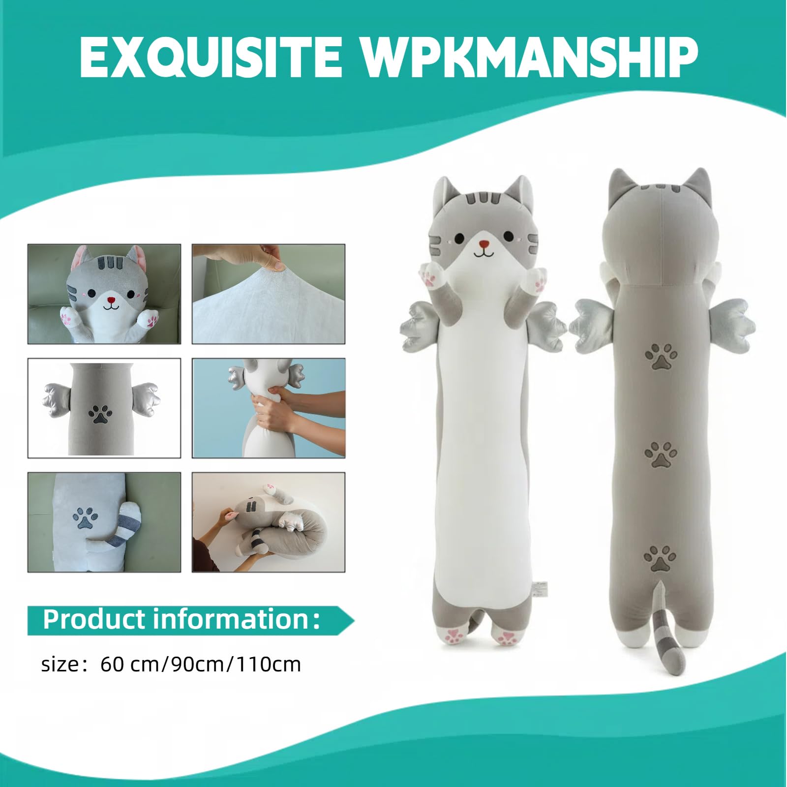 Katzen Kissen mit Flügeln, 110cm Lange Katze Kuscheltier, Weiches Plüschkissen für Seitenschläfer, Süße Kawaii Plüschkatze als Riesen Stofftier für Erwachsene & Kinder (Grau)
