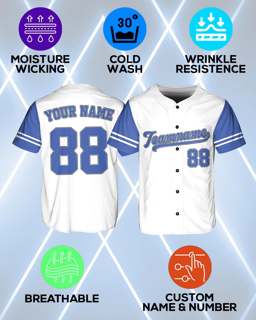 Custom Baseball Jerseys - Personalized Softball Shirts for Men, Women, Boys, and Girls - Customized Team Uniforms for Sports Fans, Teams, Events, Gifts - Add Your Name, Number, Logo White/Light Blue