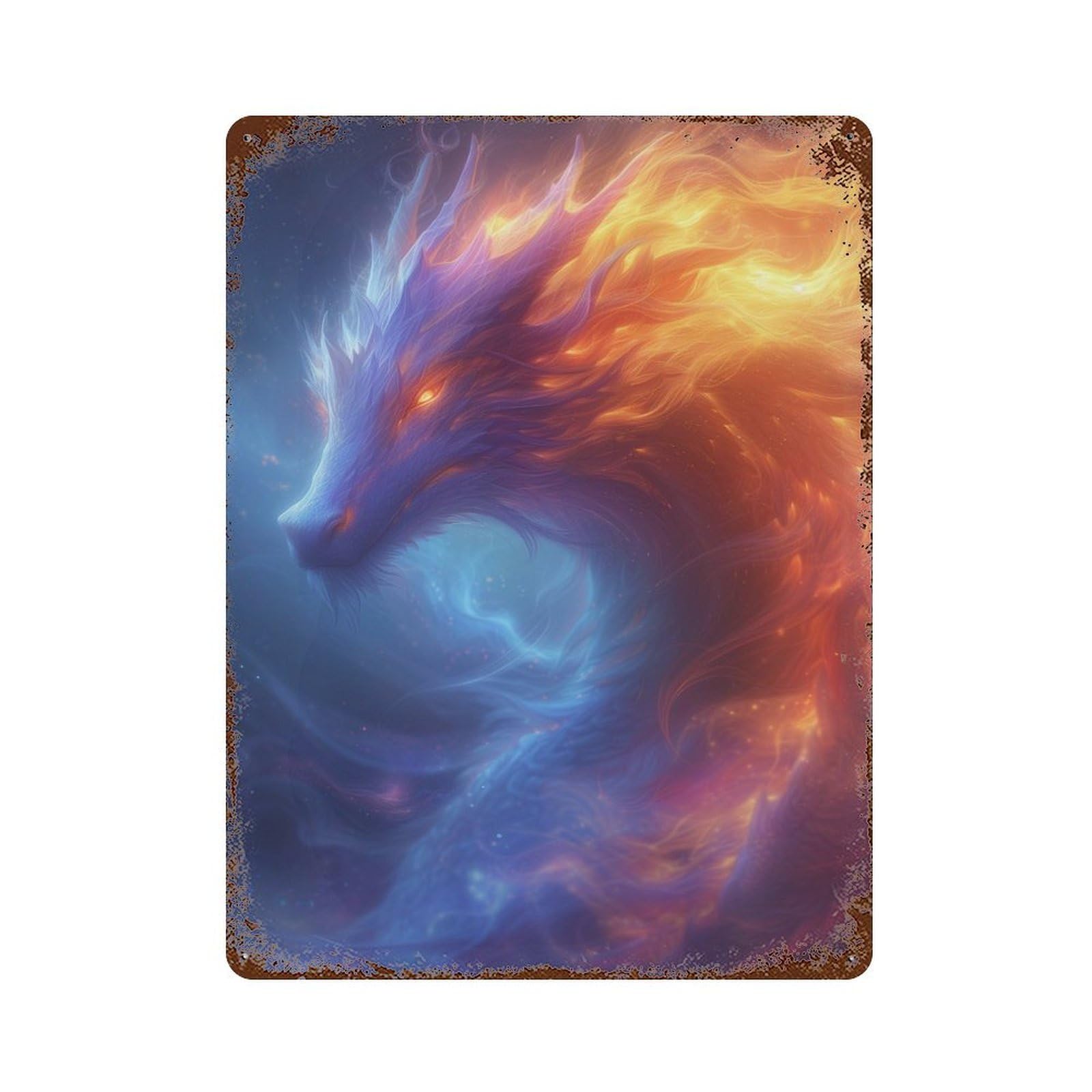 Distressed Metal Wall Sign with Fire And Ice Dragon Artwork Design 15.7"x11.8", for Cafe, Home Bar And Lounge Decor, Retro Wall Decor