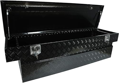 Miniatura 8 de Caja de herramientas de 48x24x24 pulgadas, caja de almacenamiento negra de aluminio para cama de camioneta pickup con cerradura y llaves, exterior,