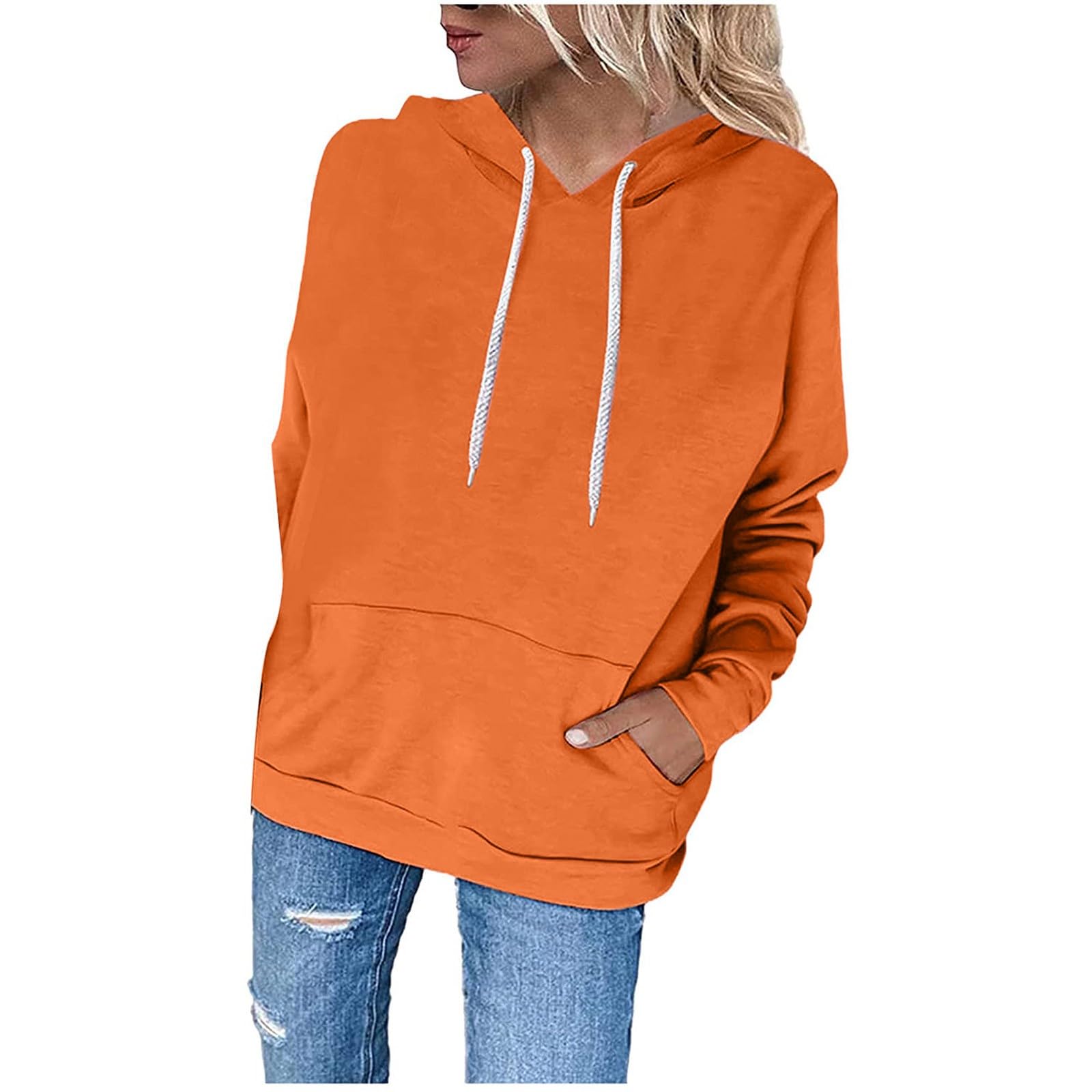 DOLKFU Womens Long Sleeve Casual Hooded Sweatshirts Drawstring Solid Color Pullover Trendy Loose Sweatshirts