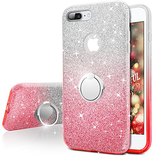 iPhone 8 Plus Case, Silverback Girls Bling Glitter Sparkle Cute Case with 360 Degree Rotating Ring Stand, Soft TPU Outer Cover + Hard PC Inner Shell for Apple iPhone 8 Plus -Ombra Pink