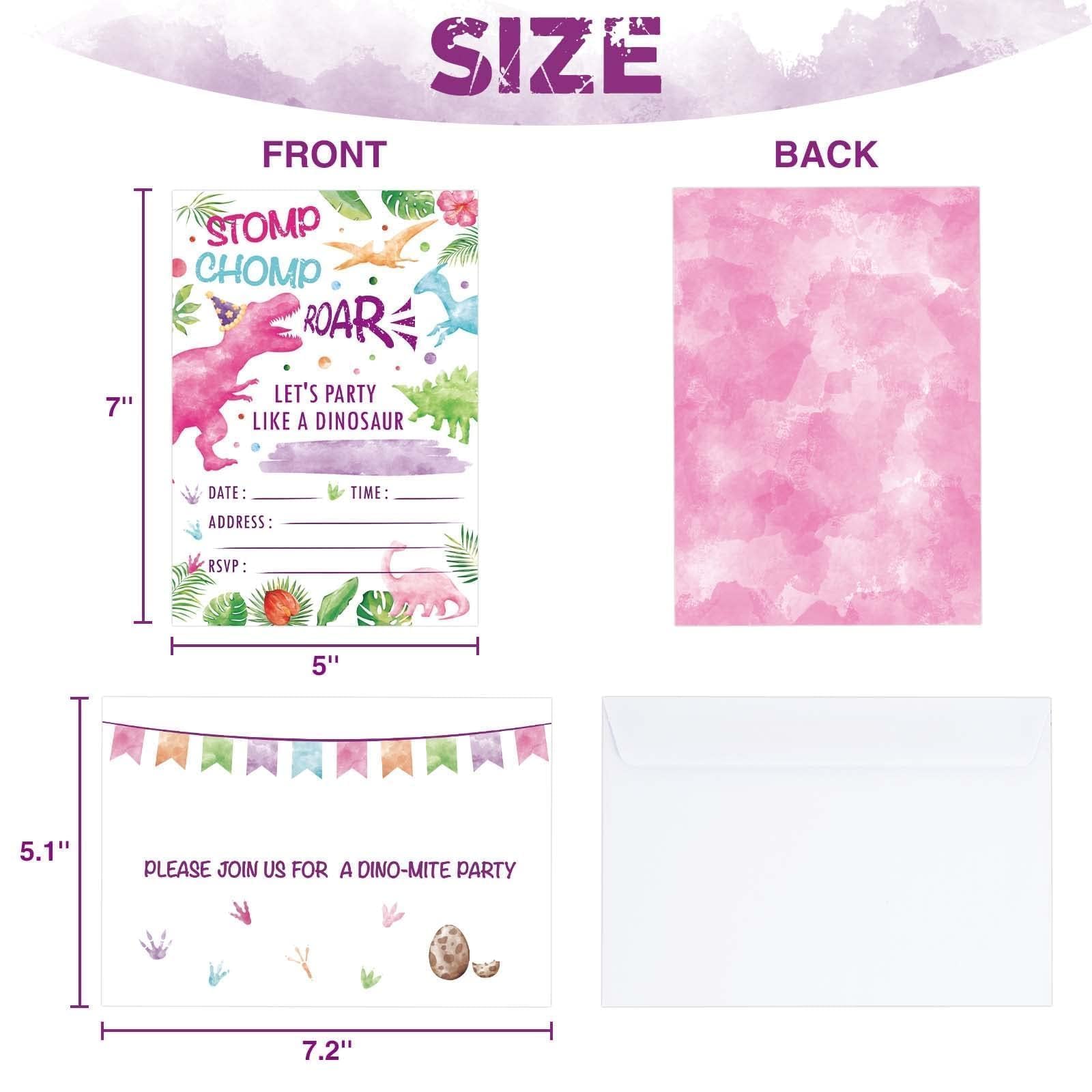 WERNNSAI 20 Sets Watercolor Dinosaur Party Invitation with Envelopes - Pink Dinosaur Invitations Cards for Girls Kids Birthday Party Supplies Fill-in T-Rex Invites Cards Double Sided for Baby Shower