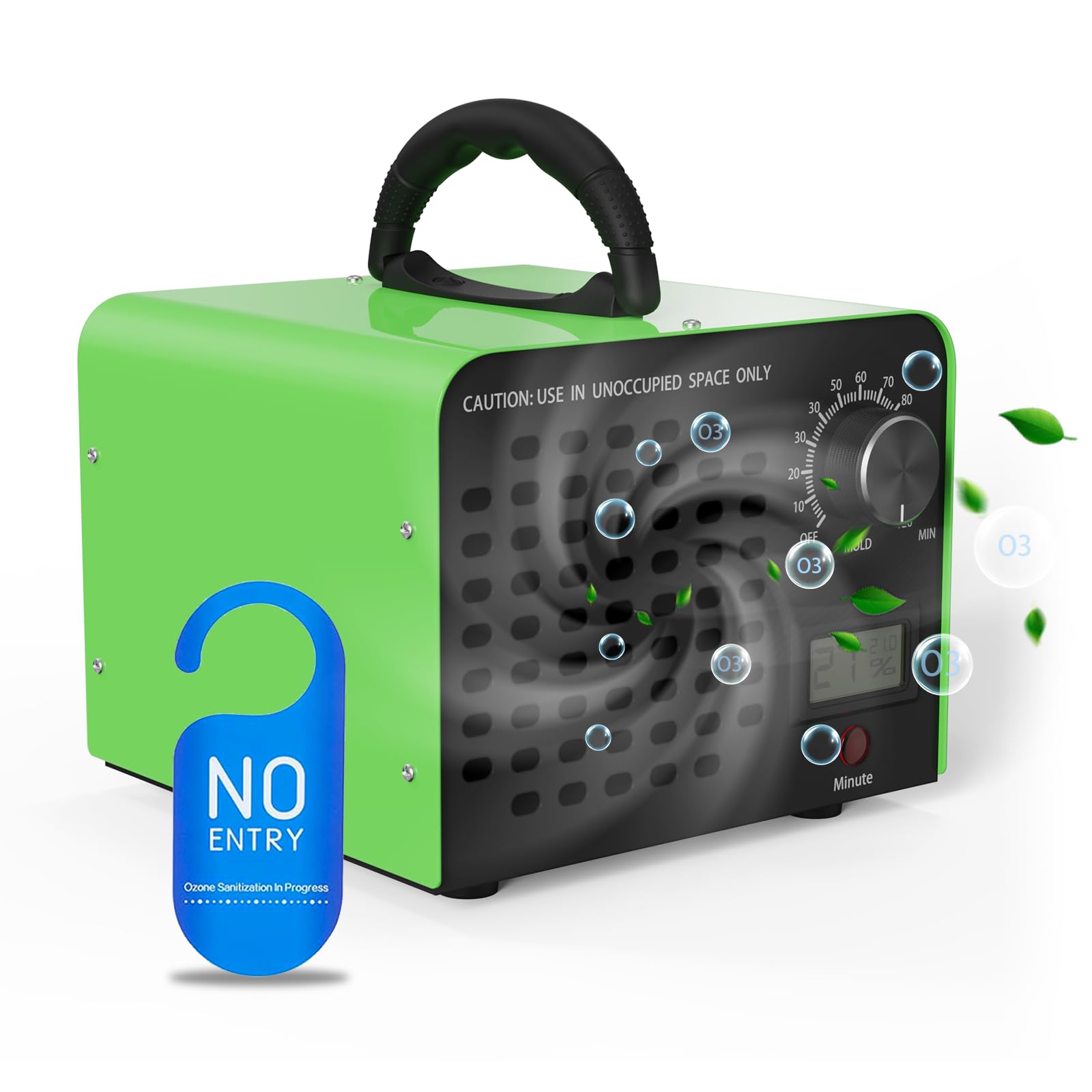 FREEUP Generatore di ozono 60.000 mg/h, Portatile Ozonizzatore per Ambienti Abitazioni Auto Casa Uffici Hotel, con Indicatore di Temperatura e Umidità, Timer 120 min, Max 400 m², Verde