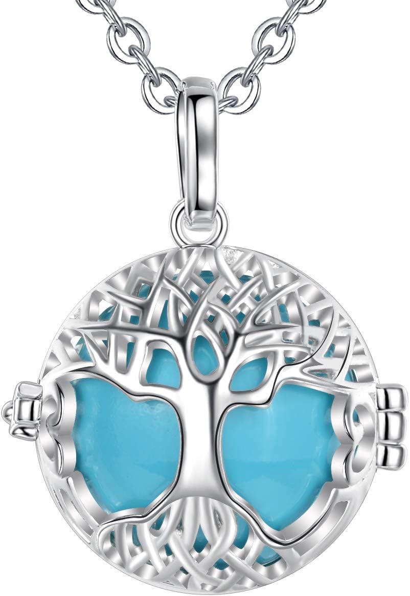 AEONSLOVE Angel Chime Caller Tree of Life Harmony Ball - 30 Inch Leather Cord and 45 Inch Silver Rolo Chain