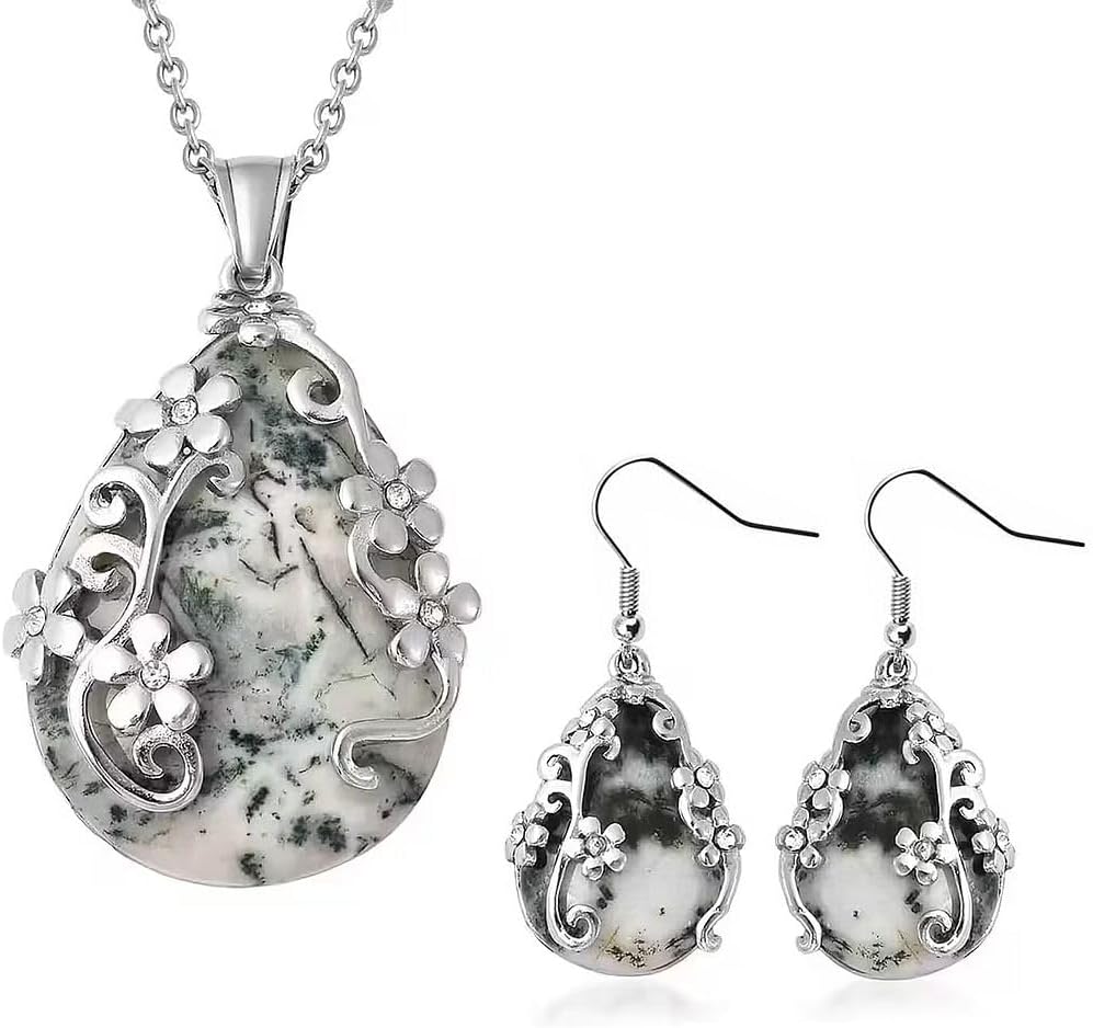 SHOP LC DELIVERING JOY Jewelry Set for Women - Floral Gemstone Necklace & Earring Sets - Lapis Lazuli, Black Onyx & Dendritic Pendant Necklaces & Dangle Earrings - 20" Necklace Length Gifts for Women