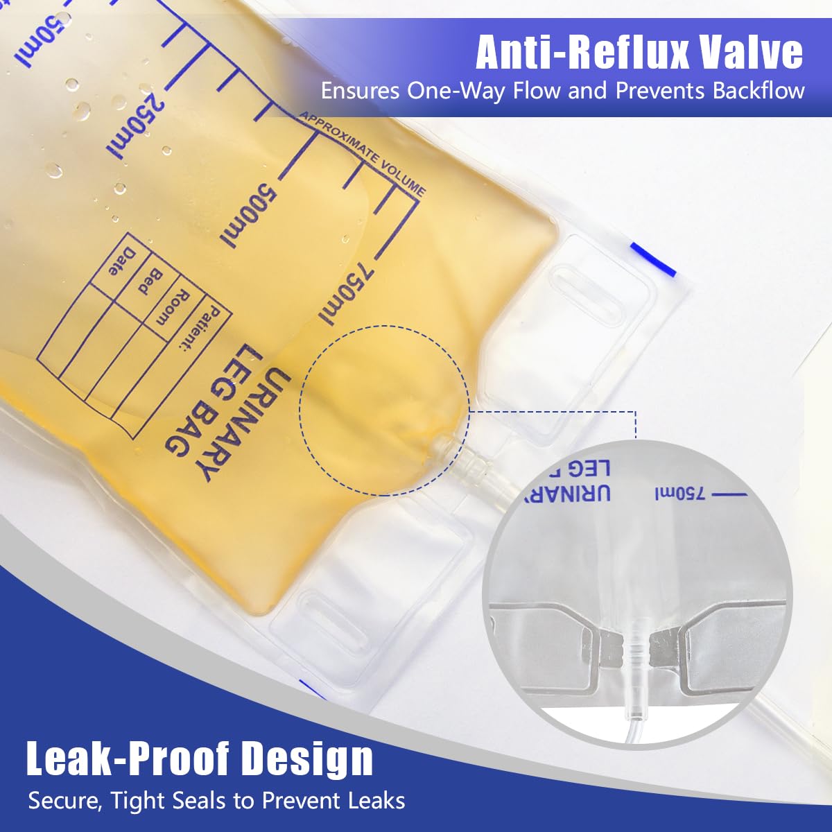 Bolsa de Drenaje de, 5 Piezas Bolsa de Orina 750 ML, Bolsas de Drenaje de Orina con PelíCula Antirreflujo, Bolsa de Recogida de Orina con VáLvula Drenaje en T, Drenaje Y Correas de Tela