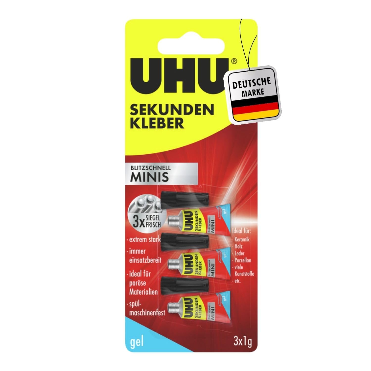 UHU Sekundenkleber extra stark | 3x1g Kleber Tuben für präzises Kleben | Sekundenkleber Gel für Kunststoff, Metall, Holz, Keramik, Porzellankleber | Superkleber & Kunststoffkleber