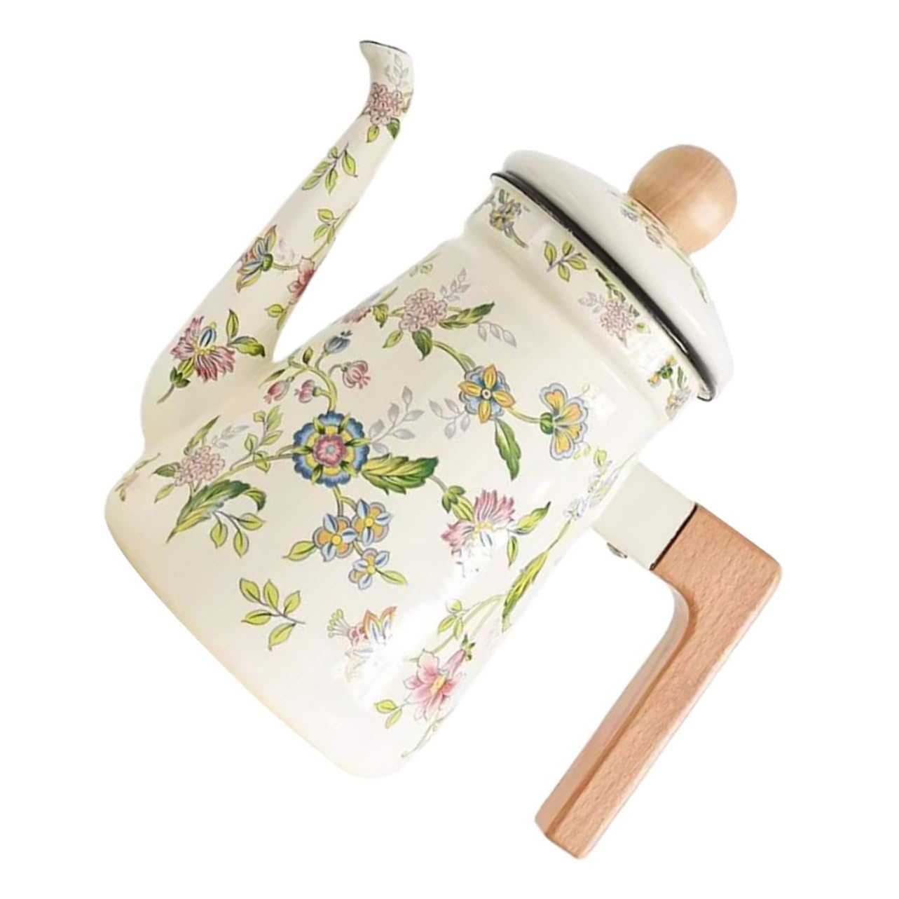 Mipcase Teiera Smaltata Vintage Manico in Legno 1,2L Bollitore per Tè e Caffè per Appassionati di Caffè e Tè