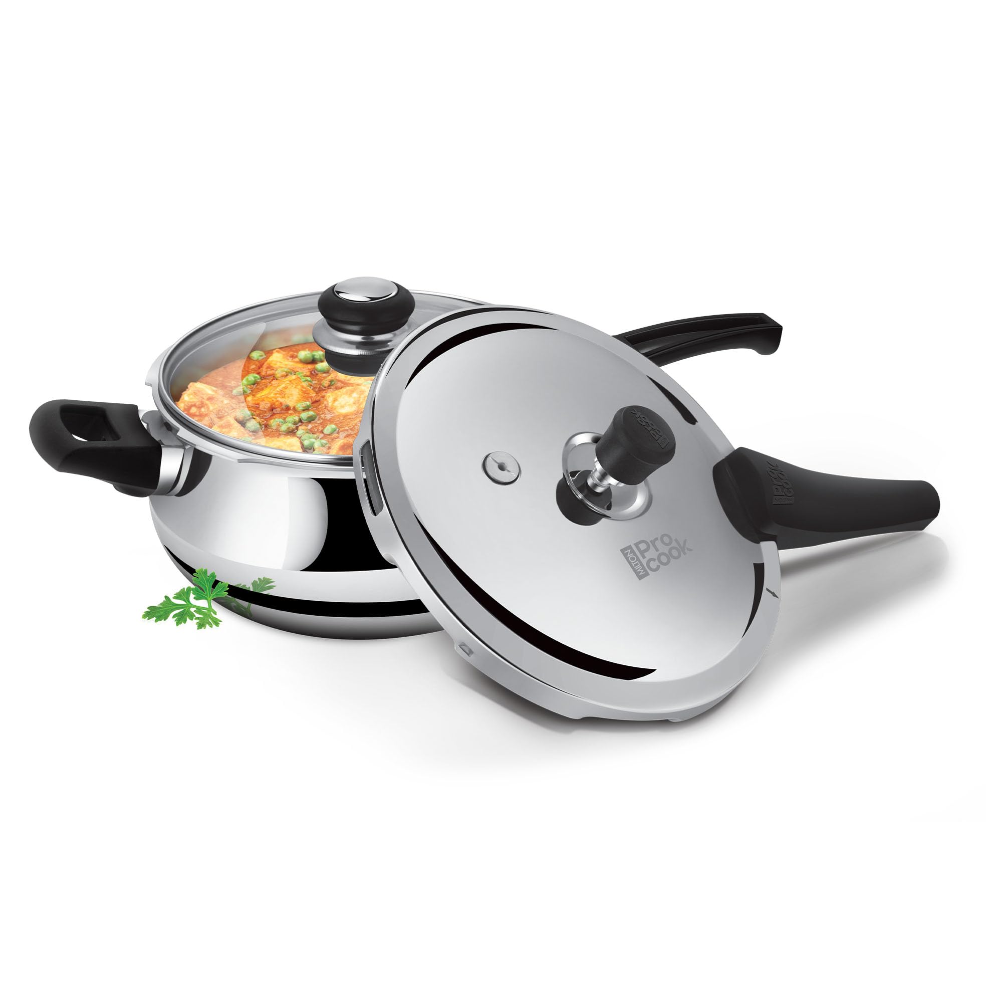 Milton Pro Cook Induction Cookware & Gas Stove Friendly Triply Stainless Steel Curve Pressure Cooker 1.5 Litre With Dual Lid | Outer Lid & Glass Lid | Gasket Release System | 5 Year Warranty | Silver