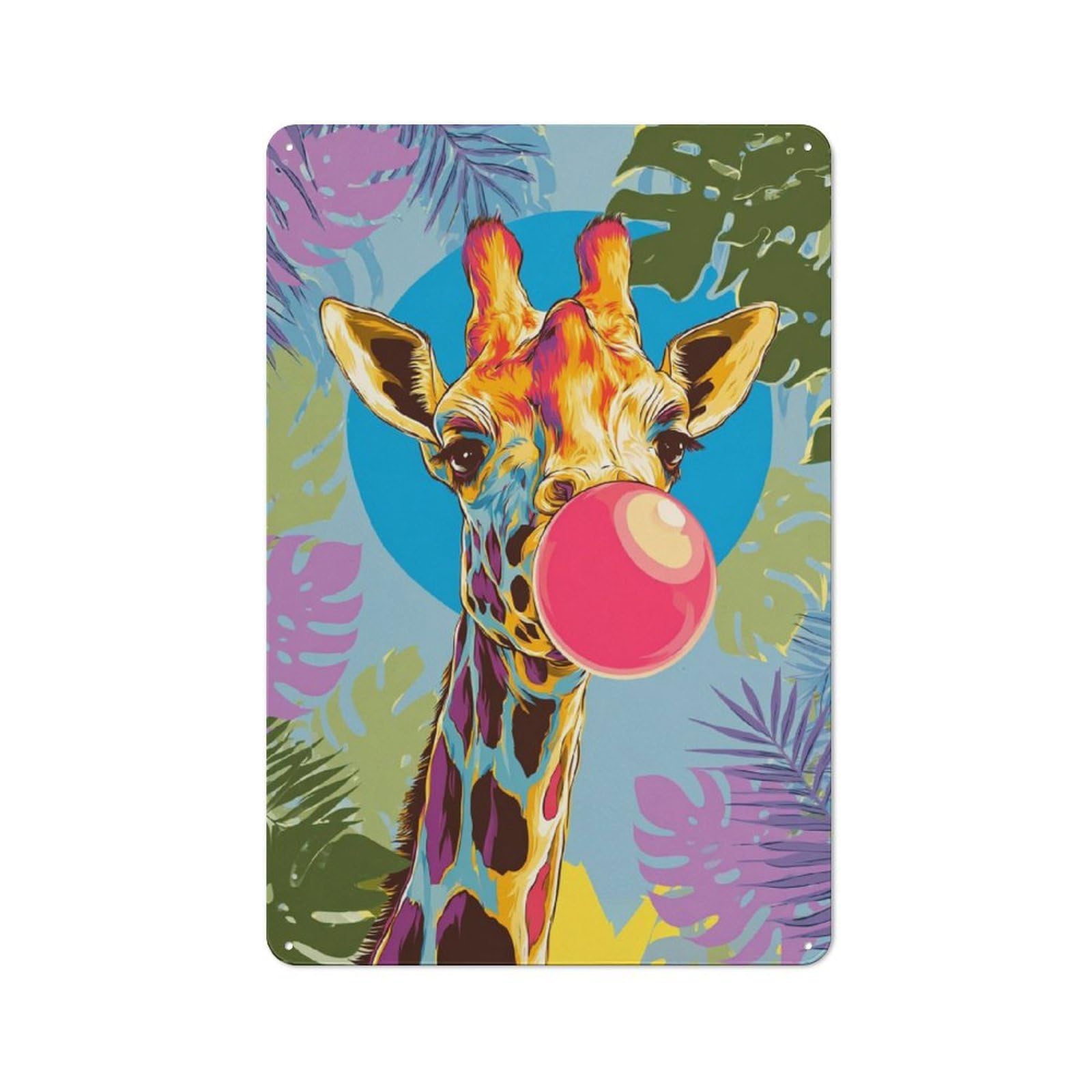 Junmoney Colorful Giraffe Blowing Bubble Gum-1 Vintage Tin Wall Plaque 30X20cm For Studio Or Craft Room, For Garage, Workshop And Man Cave Decoration