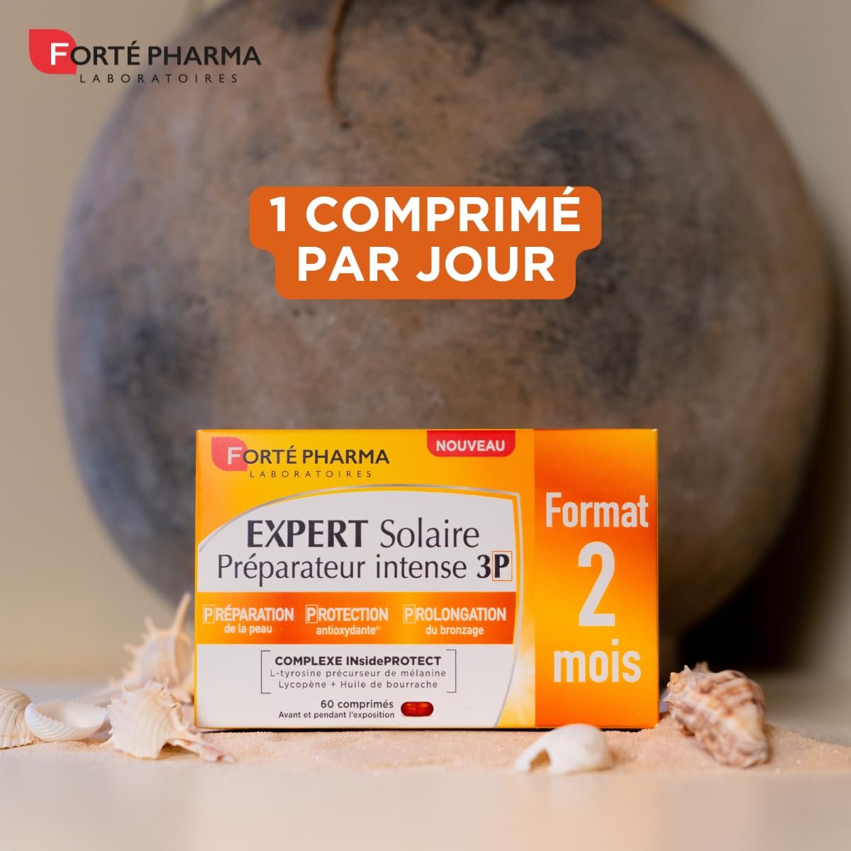 Forté Pharma - Expert Solaire Préparateur Intense 3P - Complement alimentaire bronzage 3en1 - Préparateur solaire Protège Prolonge - Sélénium, L-tyrosine, Caroténoïdes, Cuivre - 60 comprimés, 1/jour