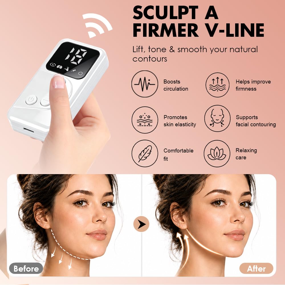 Gesichtsmassagegerät Doppelkinn, Elektrisches V-Face Shaping Massager mit 5 Modi & 15 Intensitätsstufen, Klappbar Doppelkinn Entferner mit Fernbedienung für schlanke Kieferlinie, Weiß