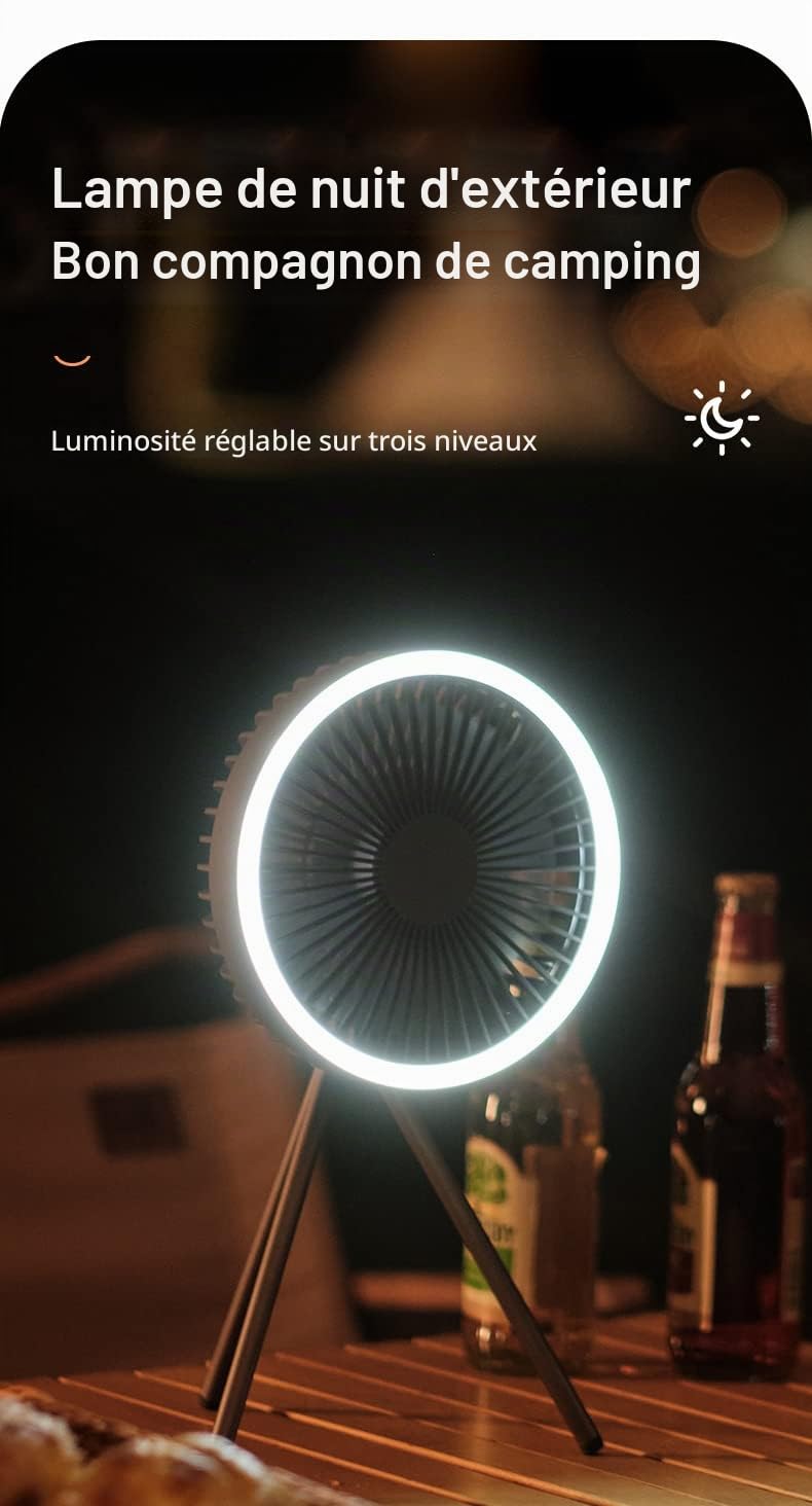 Fay Bless Ventilateur de tente avec trépied, ventilateur de bureau avec lumière, 18 x 18 cm, 560 g, 10 000 mAh, temps de travail 27 h (gris)