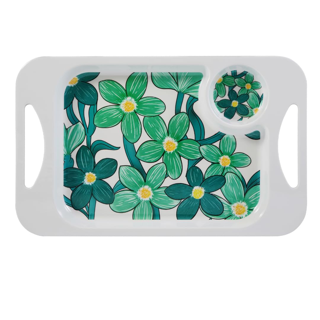 Rosa Lifestyle Green Floral Lightweight Melamine Snack Tray With Handles - Rectangular 33.8Cm X 20.6Cm - Lightweight Tea & Sandwich Tray - 345G