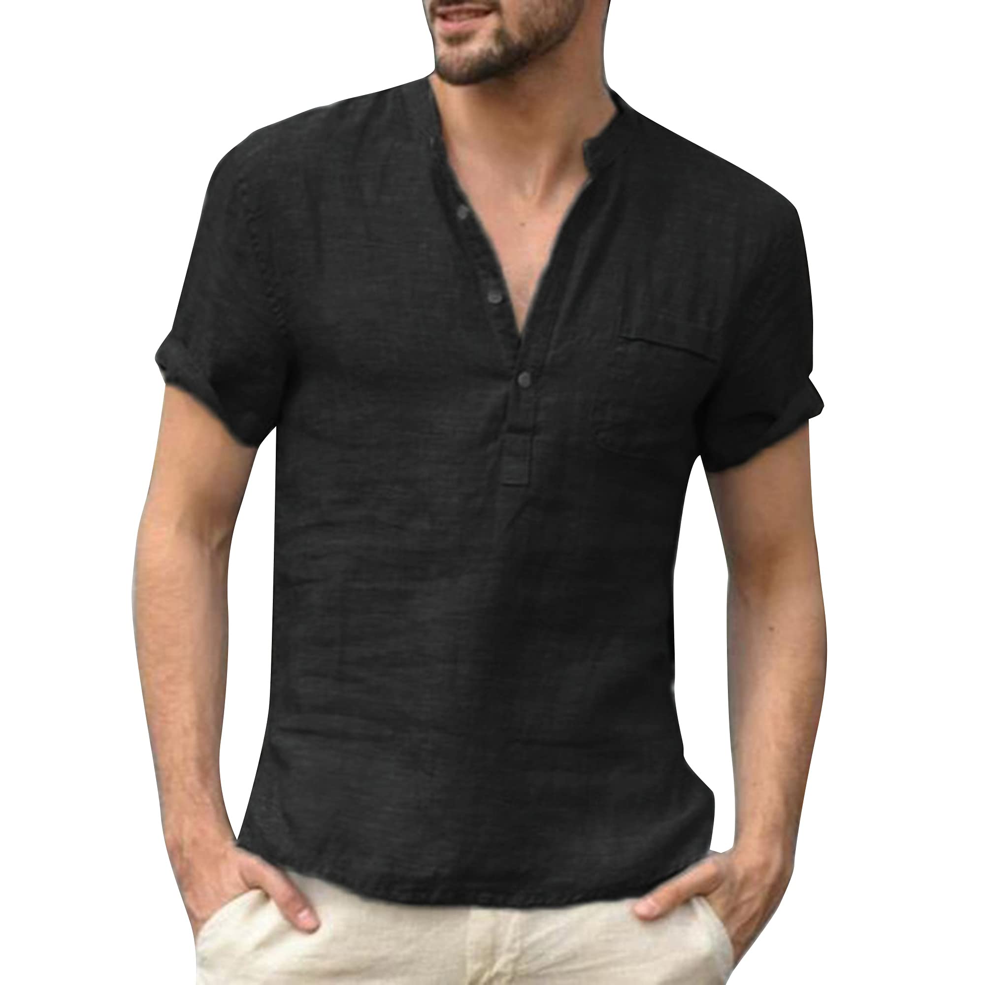 Remxi Camisa de lino para hombre, de verano, sencilla, de algodón, con botones, manga corta