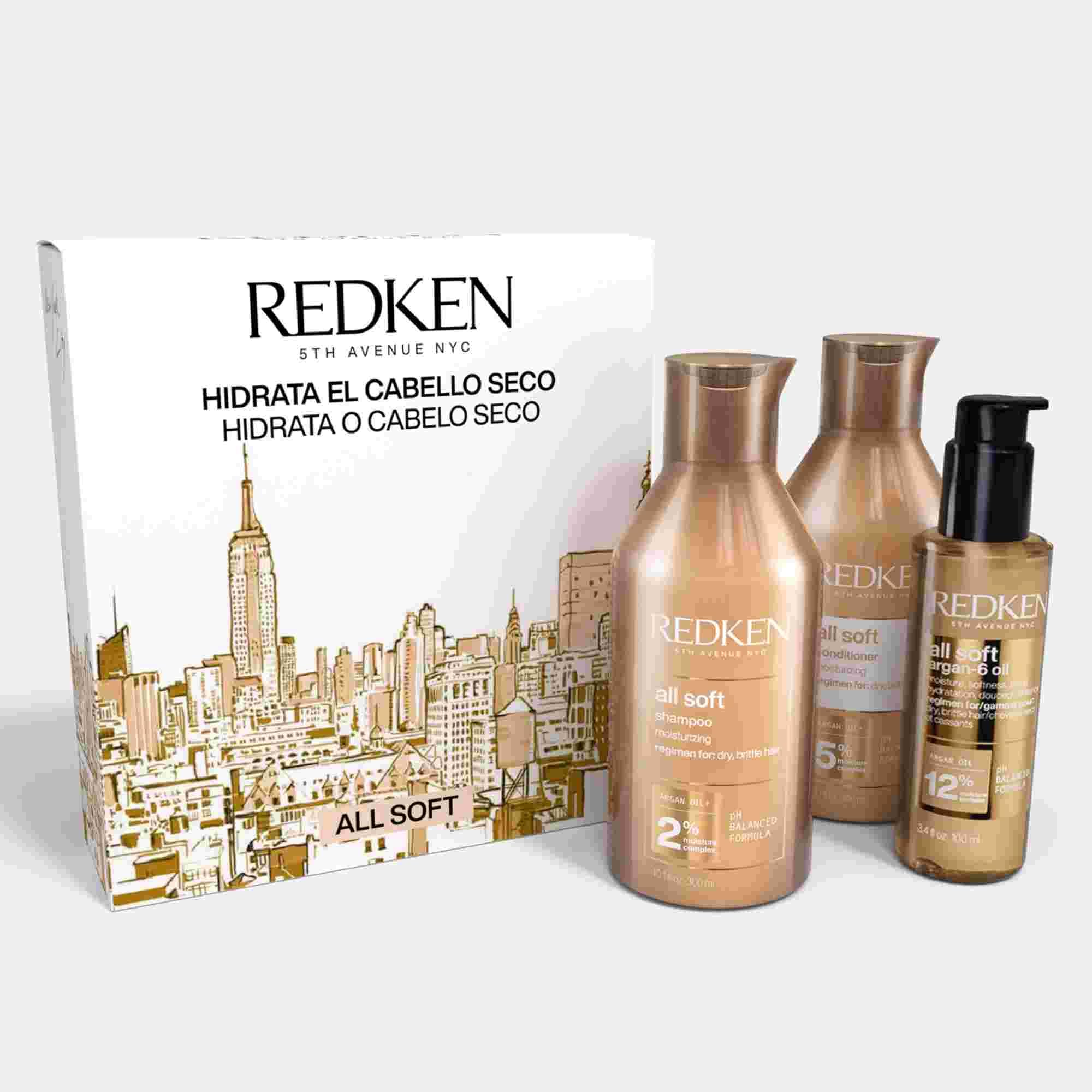 Redken, Cofre All Soft con Champú, Acondicionador y Aceite de Argán, Suavidad Intensa e Hidratación Reparadora, Movimiento y Brillo Capilar, Para Cabello Seco y Frágil, 300 + 300 + 100 ml