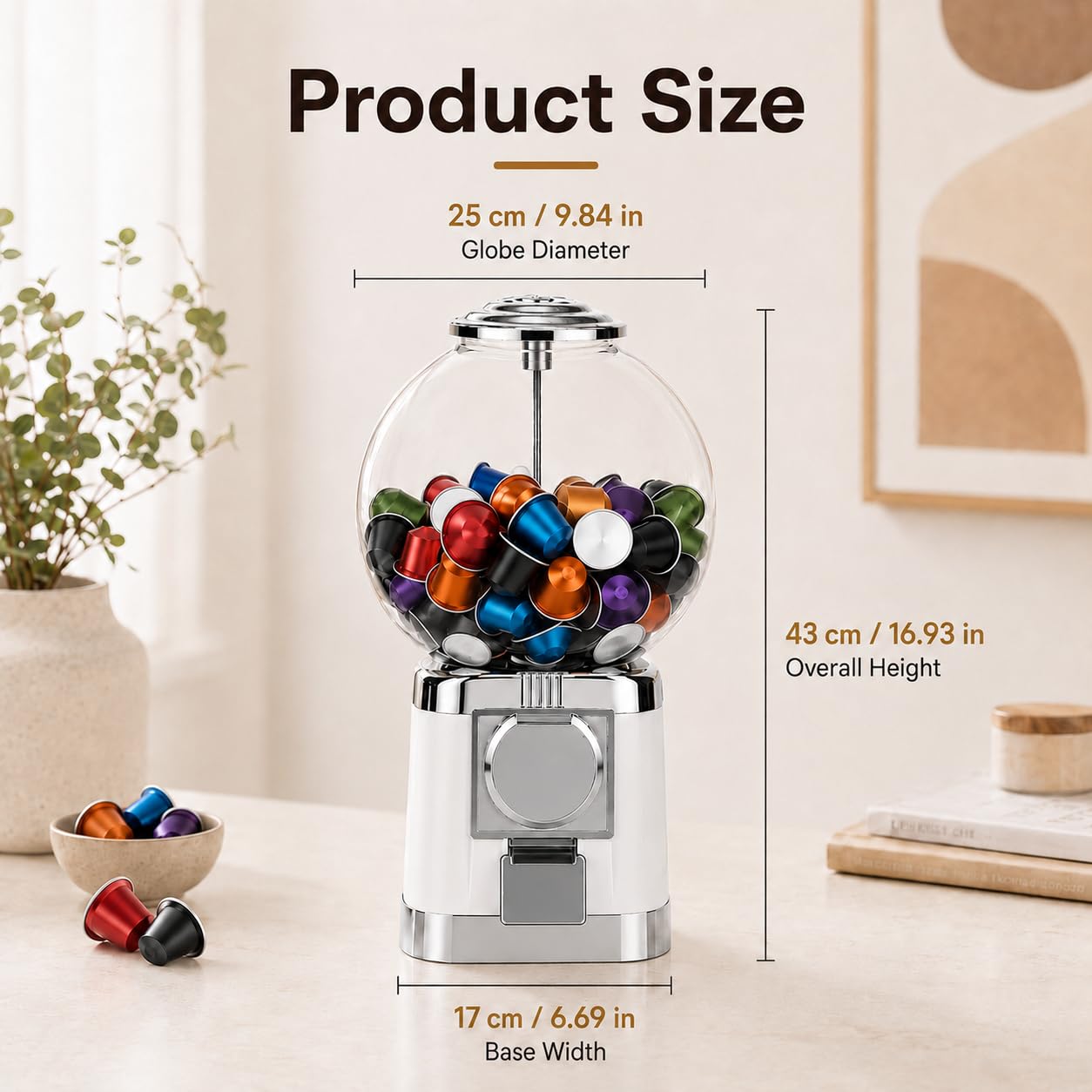 Dispensador Manual de cápsulas de café para mostrador y Zona común | El selector regulable guía diferentes formatos compatibles hacia la salida inferior durante la rotación completa del mando.