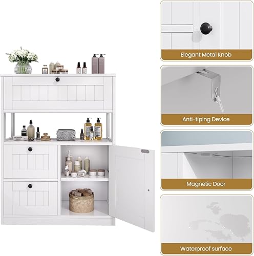 Miniatura 6 de Armario de baño, moderno organizador de armario de almacenamiento de piso de baño con 3 cajones y estantes ajustables, muebles para el hogar para