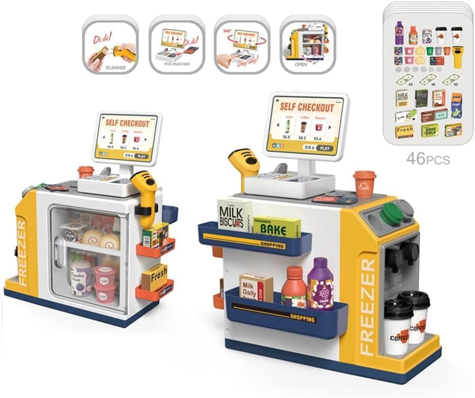 Pihura Cash Register Playset for Kids with Sound Light, Mini Supermarket Cashier, Pretend Play Store Money, Calculator, Scanner, Credit Card and Play Foods, Gift for Boys and Girls Ages 3+ 4