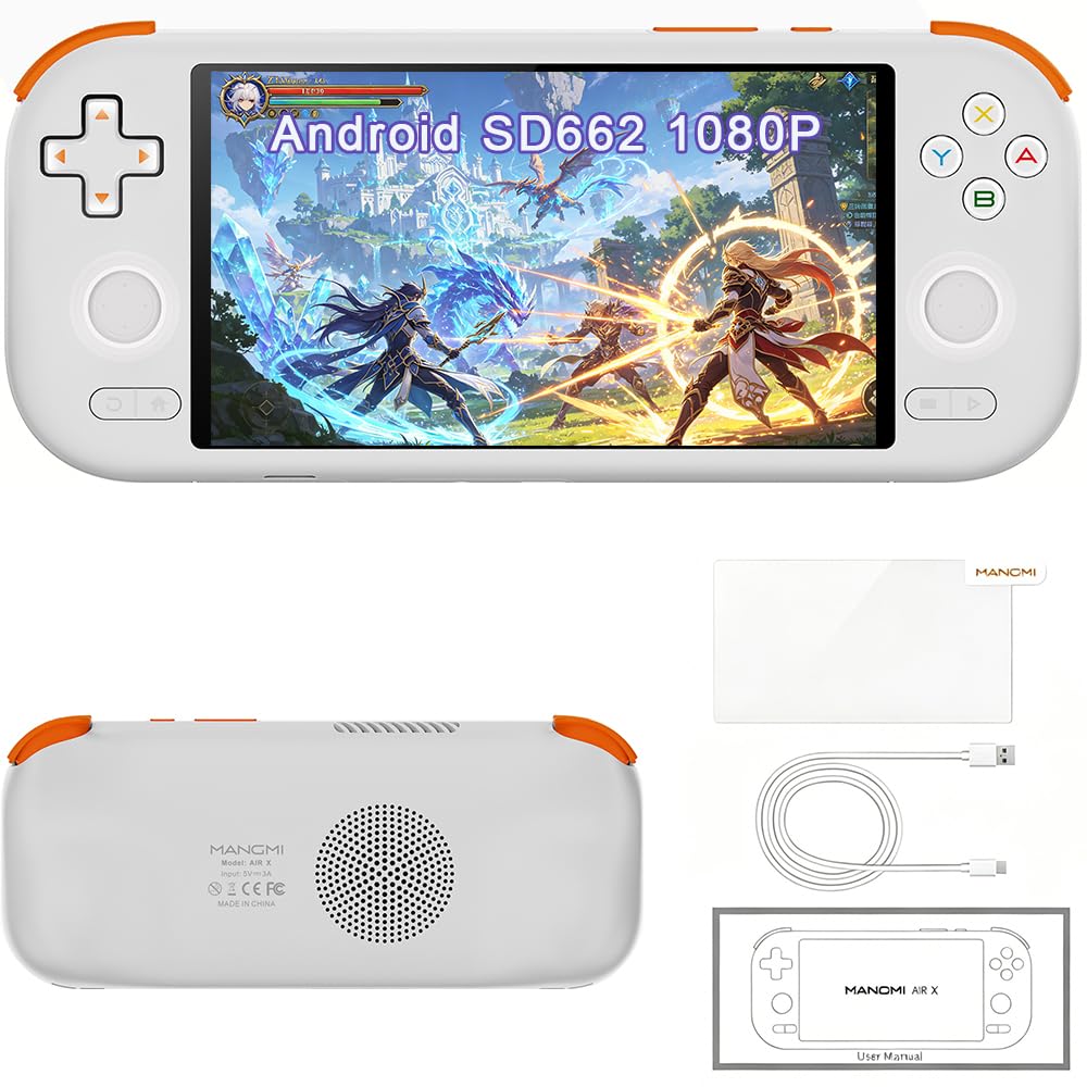 MANGMI AIR X Console de jeu portable Android, Snapdragon 662, écran IPS FHD 1080p de 5,5", 4 Go + 64 Go, joysticks et déclencheurs à effet Hall RVB, batterie 5000 mAh, Android 14 pour jeux rétro et
