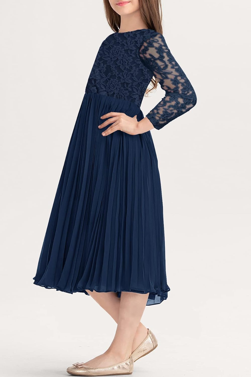 HOSIKA Flower Girl Dress Elegant Vintage Lace 3/4 Sleeve A-Line Pleated Formal Wedding Party Dress - Image 3