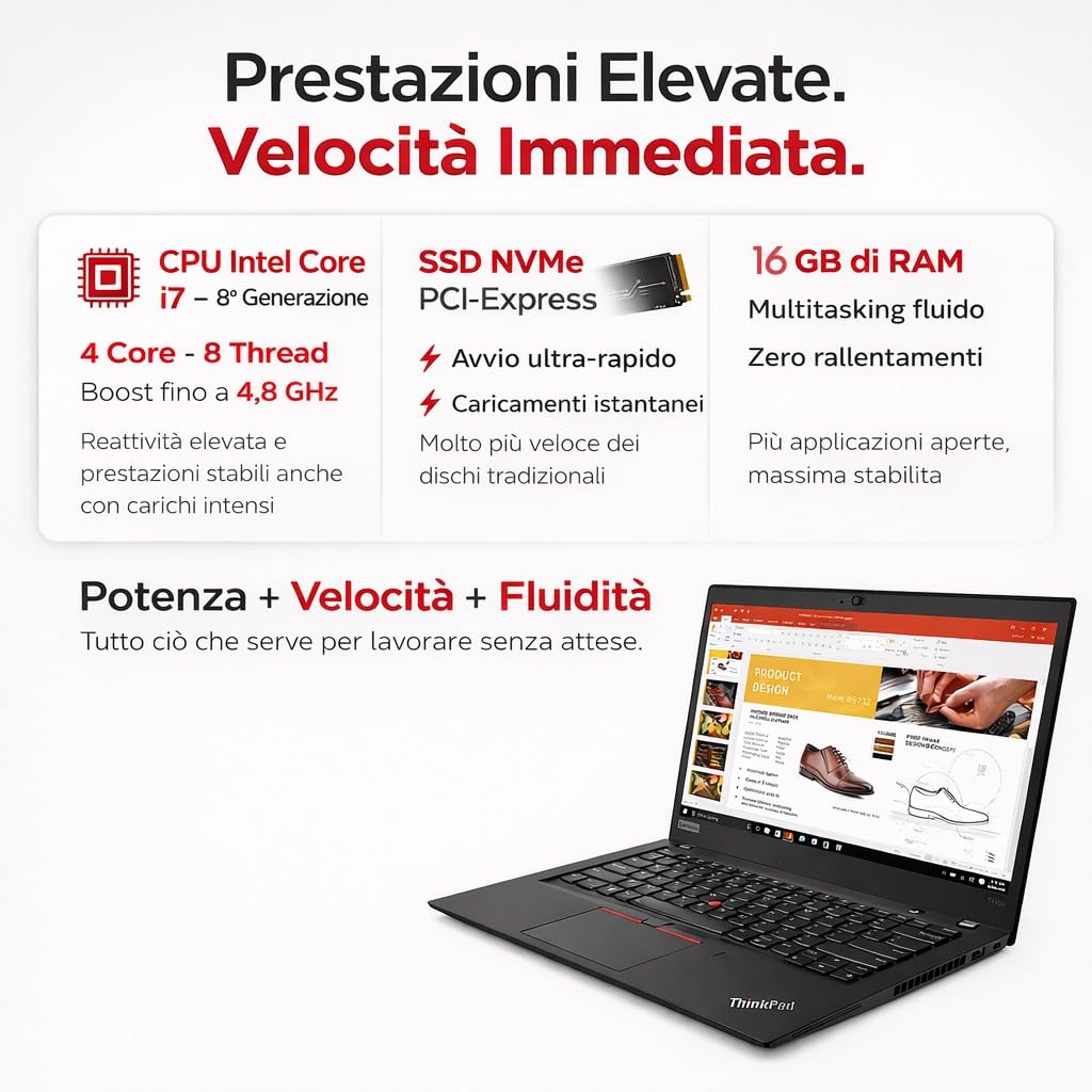 Lenovo Ricondizionato T480s, Pc portatile Intel Core i7-8th Pronto All'Uso office 365, Notebook Con Display HD da 14", Ram 16Gb, SSD nvme 512 GB e con mouse wireless in omaggio!