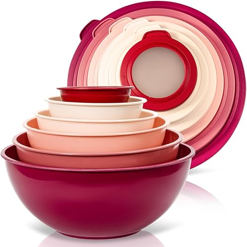 Miniatura 7 de WHYSKO Juego de cuencos para mezclar, 12 cuencos de plástico coloridos con tapas para almacenamiento y servicio de alimentos, aptos para microondas