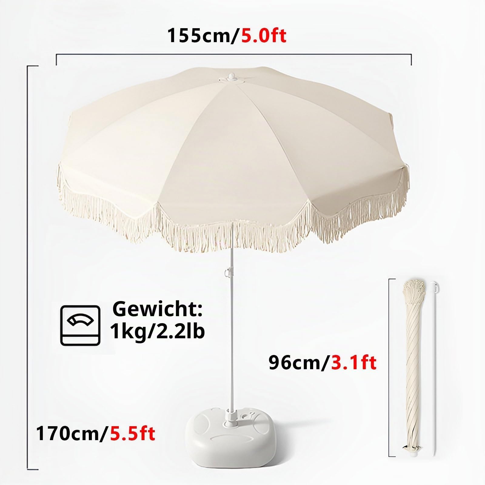 Sonnenschirm 150cm Boho Chic Mit Fransen, Strandschirm Vintage UPF 50+ UV-Schutz & Hitzeschutz, Tragbar Für Garten, Balkon, Terrasse, Pool & Camping, Wasserfest, Beige