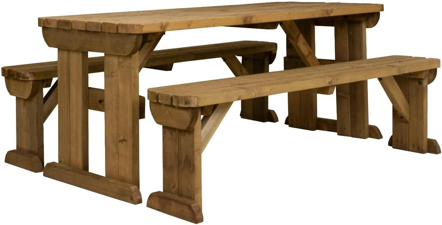 Arbor Garden Solutions Wooden picnic table and benches set, Aspen rounded patio furniture (5ft, Rustic Brown)