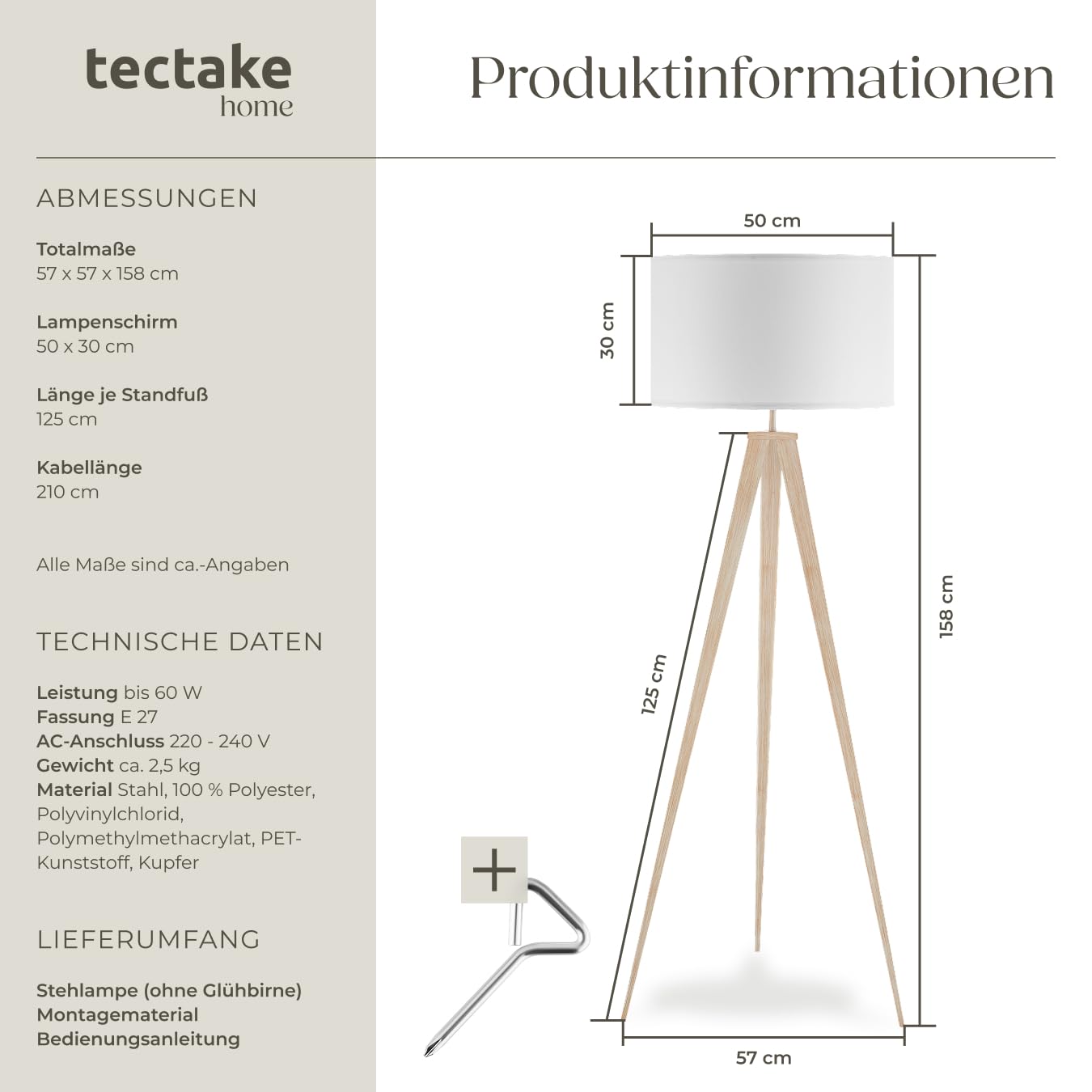 tectake® Dreibein Stehlampe, Lampe im retro boho Stil, gemütliches Ambient Light für Schlafzimmer, Wohnzimmer, als Esszimmerlampe, Lampenschirm in Leinenoptik, modern skandinavisch - eiche