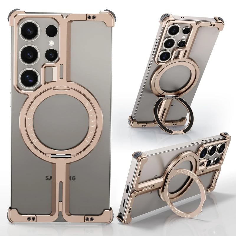 Image of Frameless 360 Rotatable Ring Metal Bumper Case with Kickstand for Samsung Galaxy S25 Ultra Case Compatible with Mag Charging | Luxury Aluminum Armor | Slim Premium Metal (Dessert)