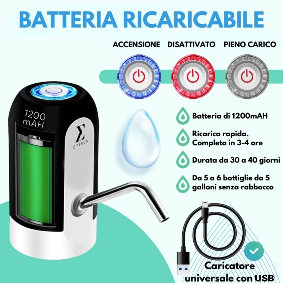 Dispenser di acqua, rubinetto elettrico per caraffe ad acqua fredda, pompa dosatrice con due adattatori. 5,7L, 10L, 11,3L, 15L, 18,9L.