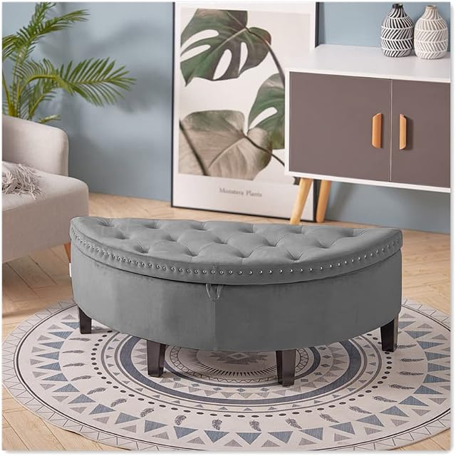 INMOZATA Half Moon Storage Ottoman Bench Velvet Window Seat Bench Footstool Upholstered Bench Sofa Bench Bed End Stool for Living Room Bedroom Hallway Grey