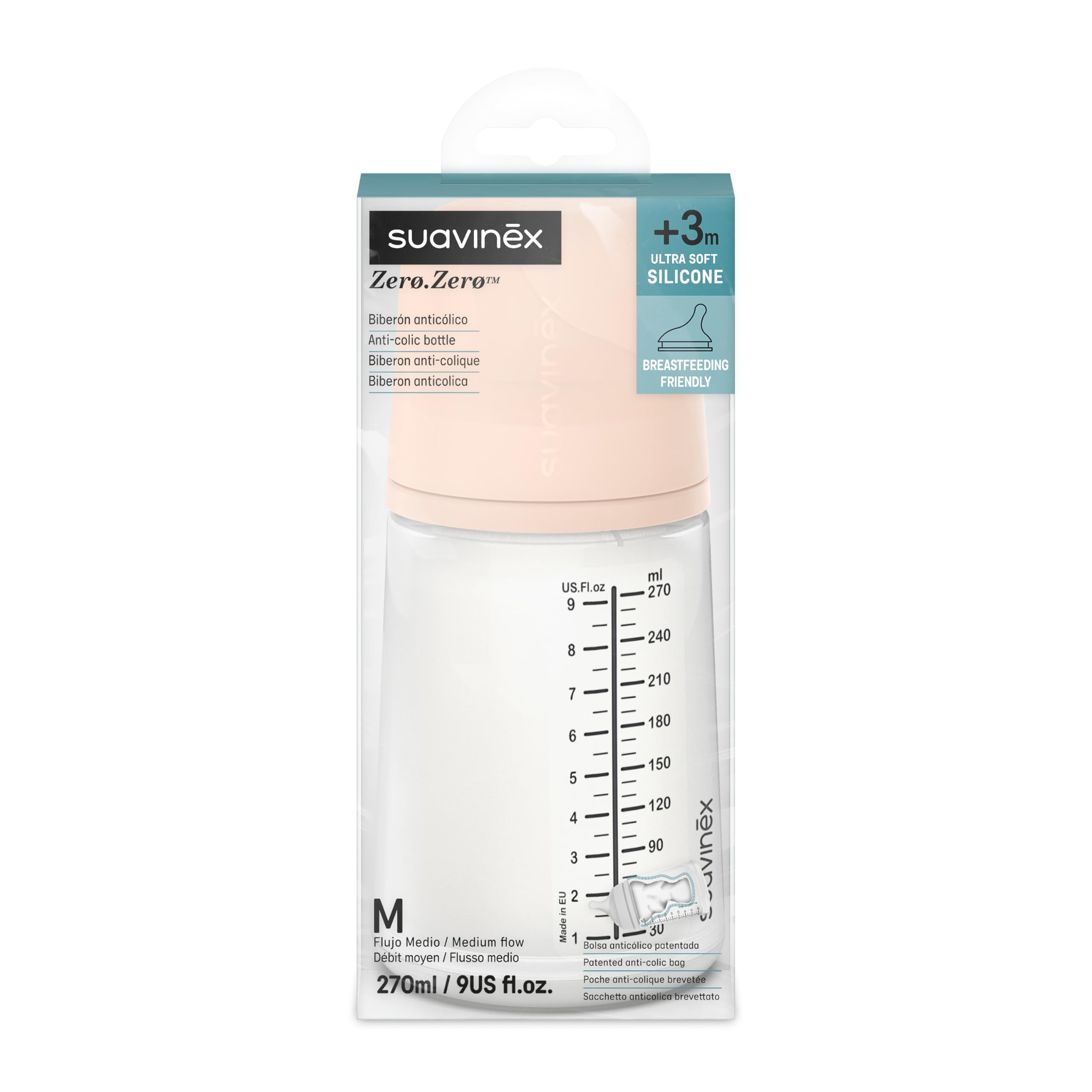 Suavinex, Biberón Anticólico Zero Zero, con Tetina de Flujo Medio (M) de Silicona, Biberón para Bebés +3 Meses, Recomendado para la Lactancia Materna, Leche Materna y de Fórmula, 270 ml, Fair — view 2