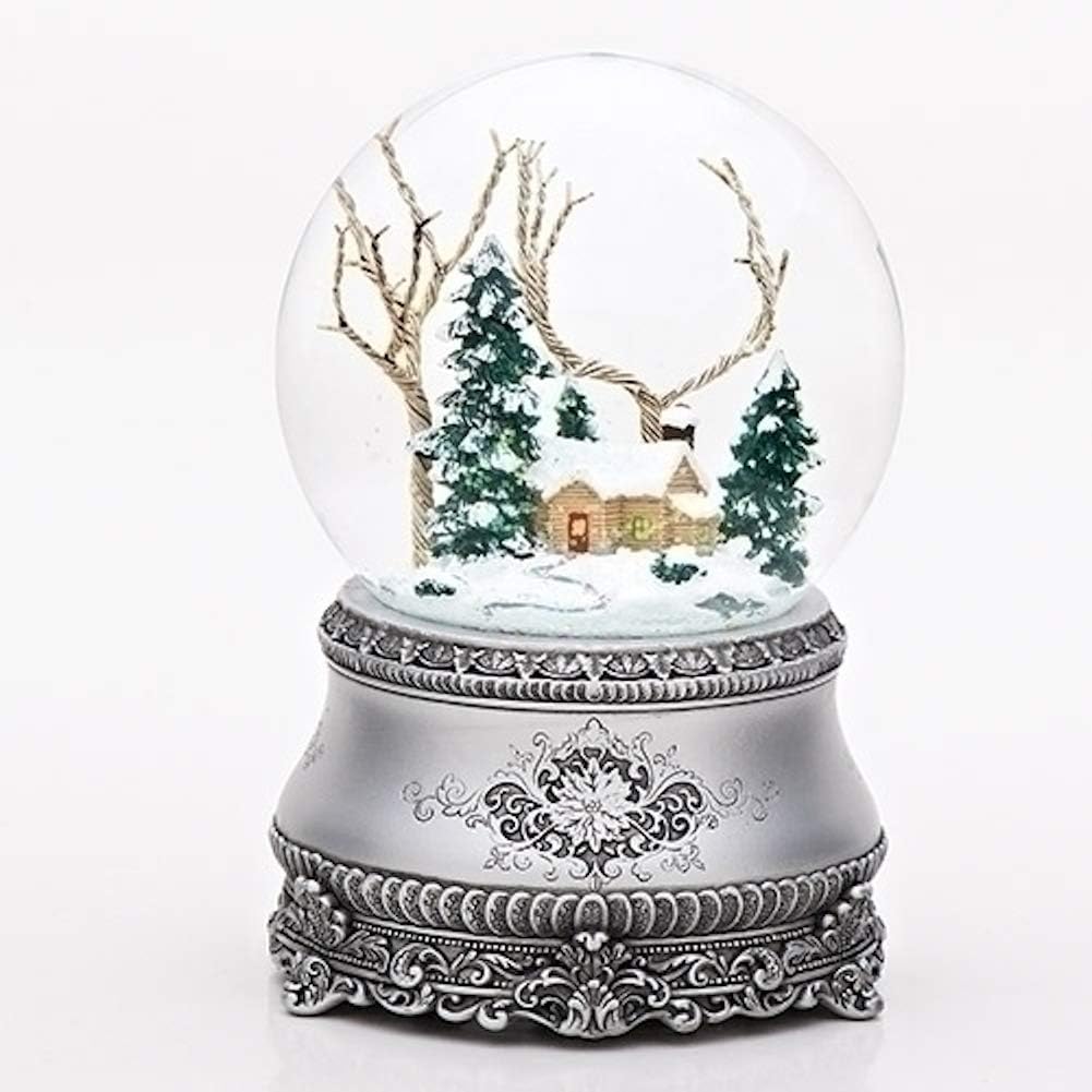 Roman 5.5" Cottage with Tree Glitter Silver Base 100mm Dome Plays I'll Be Home for Christmas
