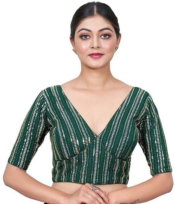 ScloutWomen's Sabyasachi Georgette Half Sleeve Deep V Neck Embroidered with Sequence Readymade Saree Blouse