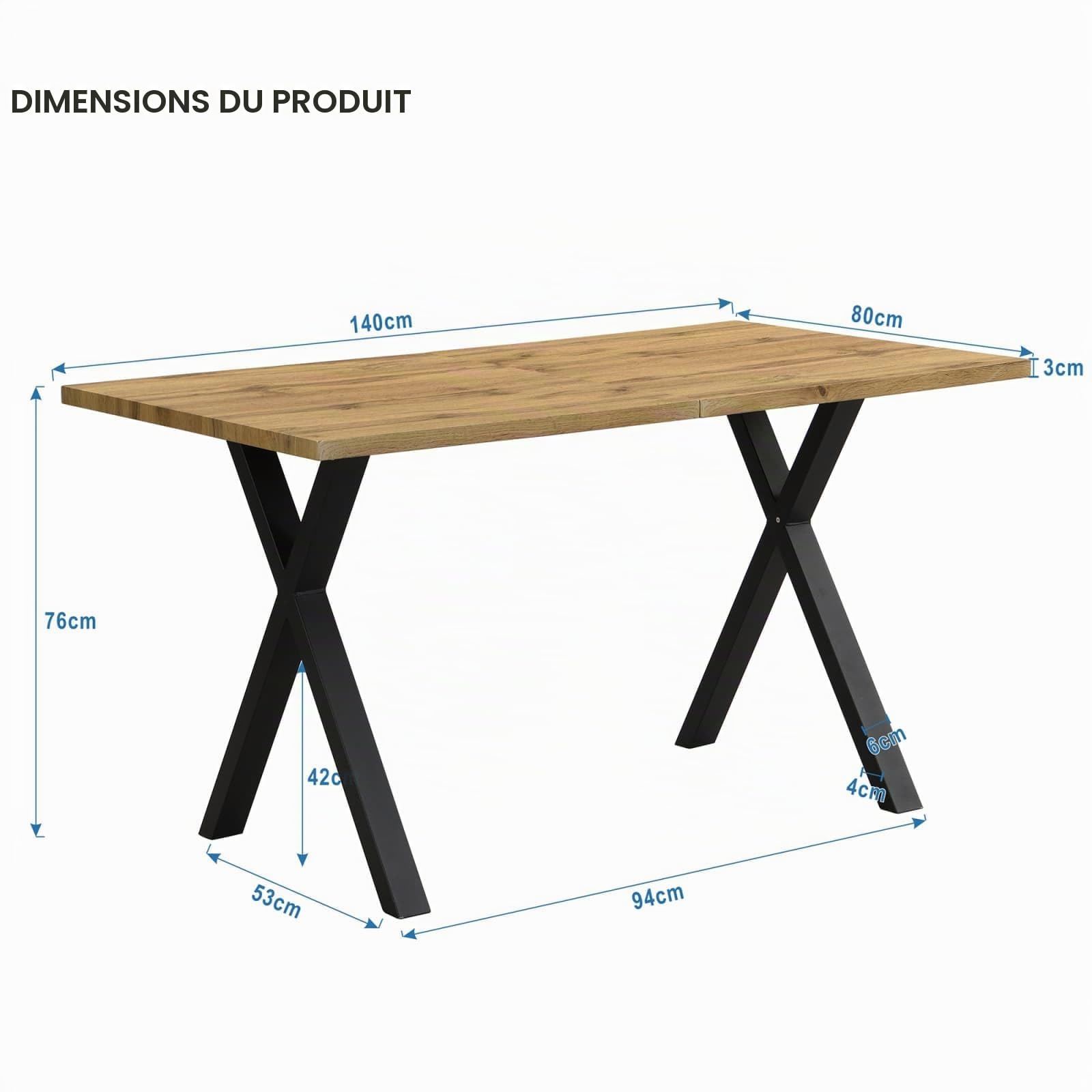 PUGSDRLY Table a Manger 140x80x76cm,Table de Cuisine avec Pieds Croisés en Métal et Plateau en MDF, Moderne Simple, pour la Salle à Manger, Cuisine (Chêne)