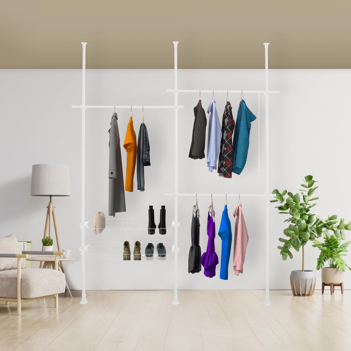 Système D'organisation De Placard, étagère Pliable Peu Encombrante Avec Rail De Suspension Réglable, Organiseur De Garde-robe Extensible Et Rail Autonome Avec Deux Tiroirs, Portant à Vêtements Robuste