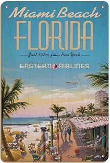 Miami Beach Florida - Eastern Airlines - Just 10 hrs from New York - Vintage Airline Travel Poster by Kerne Erickson - 8 x 12 inch Vintage Wood Art Sign