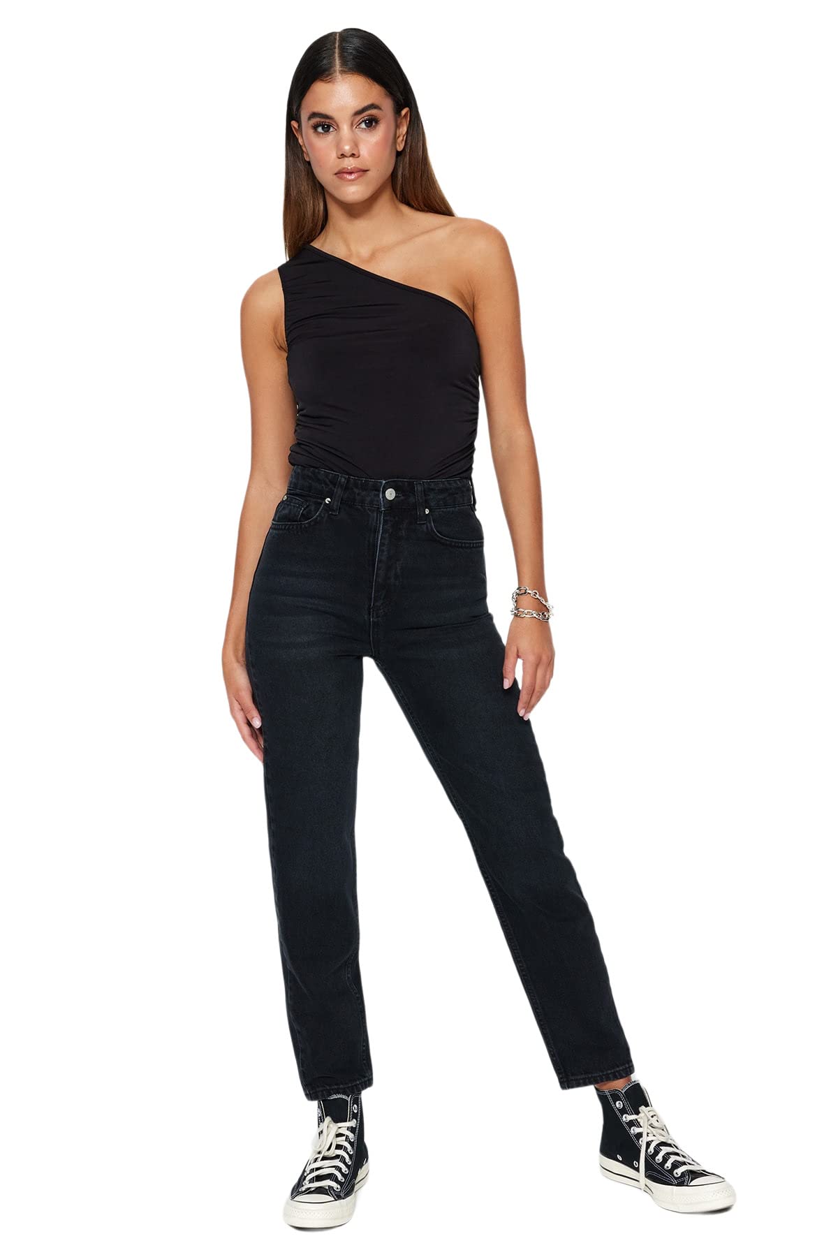 Trendyol Women High Waist Wide Leg Mom Jeans,Black,36