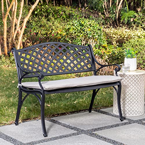 Glitzhome Patio Garden Bench,Cast Aluminum Frame Outdoor Loveseat With Removable Beige Cushion,Patio Decor Bench Seating For Path Lawn Work Entryway Porch Bench Chair Deck #TOP6