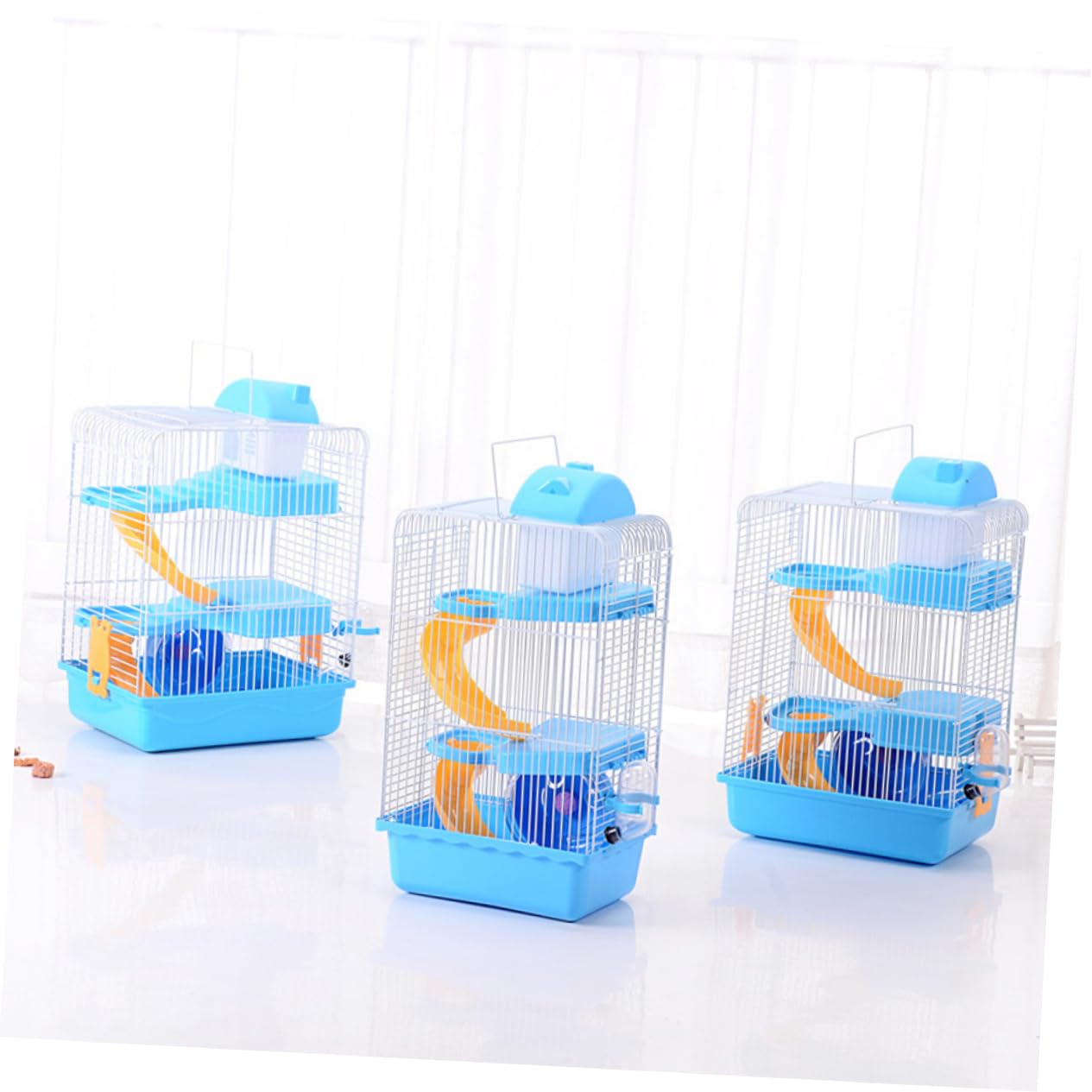 Gabbia per Criceti a Tre Livelli, Villa Lussuosa Blu 23×17×45 Cm | Pp e Ferro, Design a Scorrimento Multistrato, Ruota Inclusa, Beverino a Tenuta per Piccoli Animali