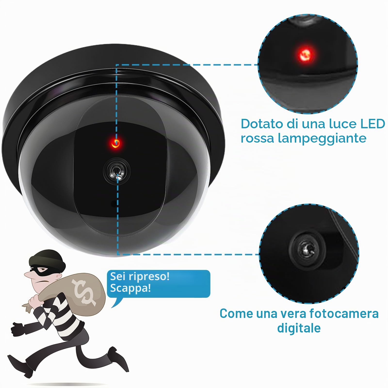 Set di 4 Telecamera finta Interno Energia Solare Videocamera Antifurto con LED Rosso CCTV d'Imitazione
